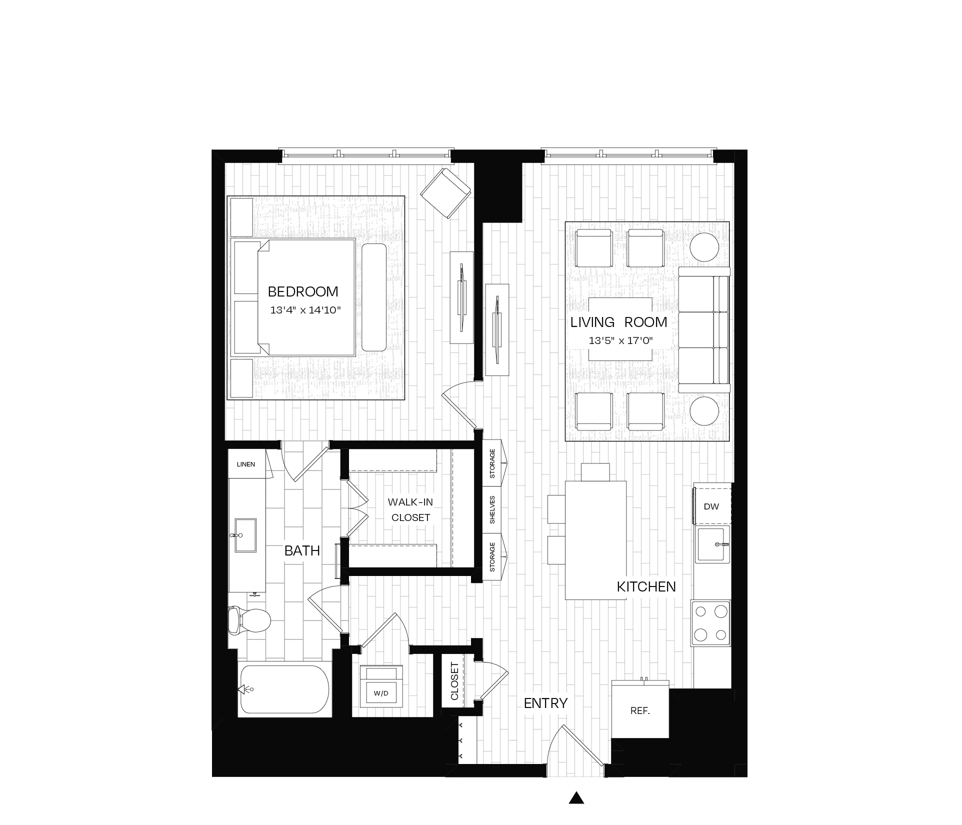 Floor plan for 1 bed, 1 bath, 897 sqft